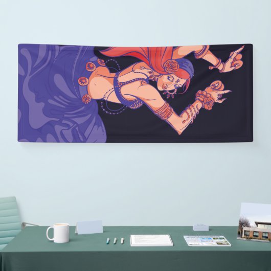 Zigeuner tribale danseres dansen met bekkens spandoek (Beurs)