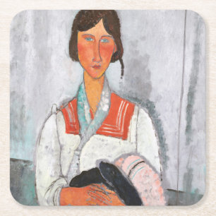 Zigeunervrouw met baby, Modigliani Vierkante Kartonnen Onderzetter