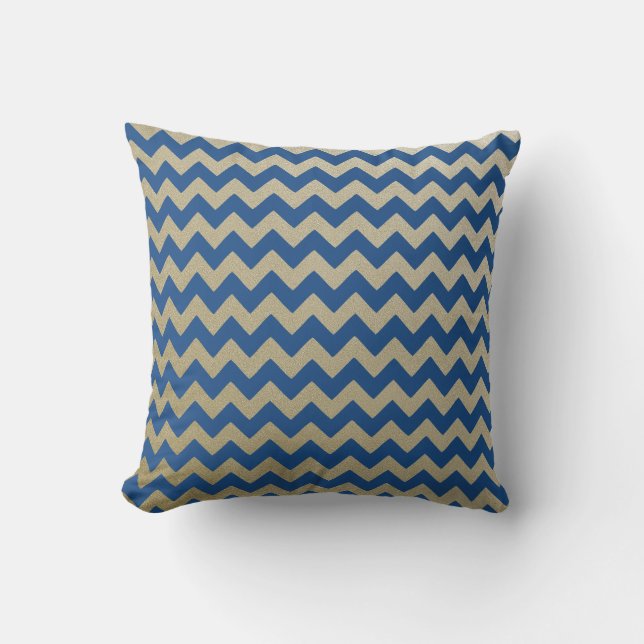 Zigzag Chevron Blue Gold Pattern Kussen (Voorkant)