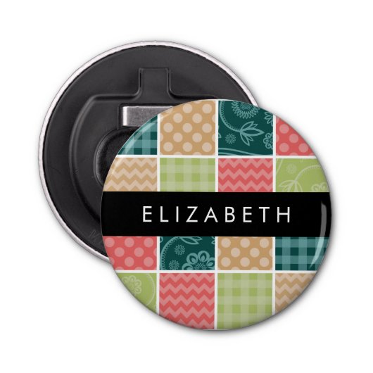 zigzag, Chevron, Gingham, Polka dots, Jouw naam Button Flesopener (Voorkant)