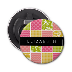 zigzag, Chevron, Polka Dots, Gingham, Jouw naam Button Flesopener