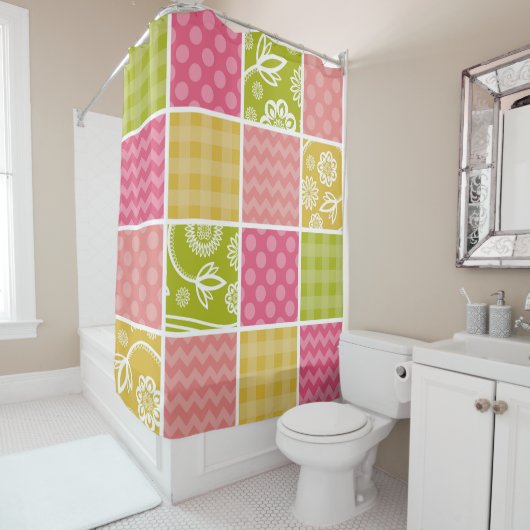 Zigzag, Chevron, Polka Dots, Gingham, Patchwork Douchegordijn (In situ)