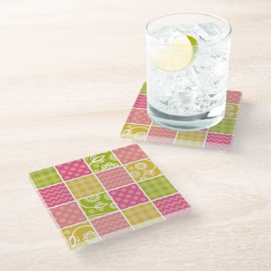 Zigzag, Chevron, Polka Dots, Gingham, Patchwork Glazen Onderzetter (Schuin)