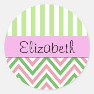 Zigzag, Chevron, Stripes, Roze, Groen, Jouw naam Ronde Sticker