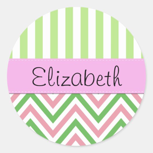 Zigzag, Chevron, Stripes, Roze, Groen, Jouw naam Ronde Sticker (Voorkant)