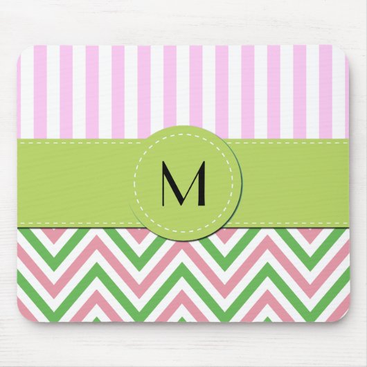 Zigzag, Chevron, Stripes, Roze, Groen, Monogram Muismat (Voorkant)