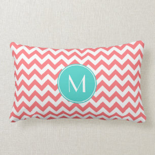 Zigzag Coral en Aqua Custom Monogram Kussen
