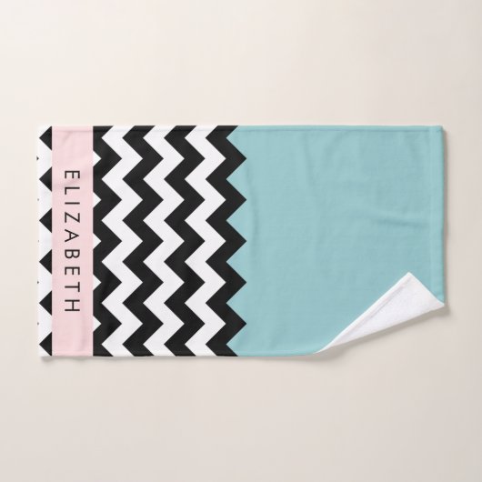 Zigzag noir et blanc, Chevron, Bleu, Votre nom (Serviette à main)