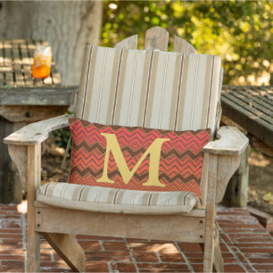 Zigzag Oranje Geel Rood en Bruin Monogram Pillow Buitenkussen