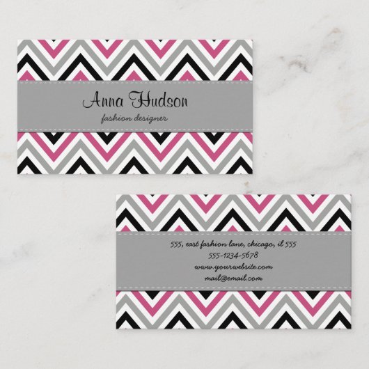 Zigzag Patroon, Chevron Pattern, Roze, Grijs, Zwar Visitekaartje (Voorkant / Achterkant)