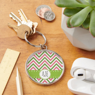 Zigzag Patroon, Chevron, Roze, Groen, Monogram Sleutelhanger