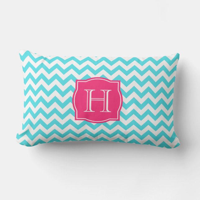 Zigzag Turquoise en roze aangepast monogram Kussen (Voorkant)