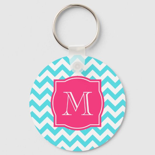 Zigzag Turquoise en roze aangepast monogram Sleutelhanger (Voorkant)