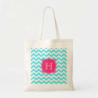Zigzag Turquoise en roze aangepast monogram Tote Bag