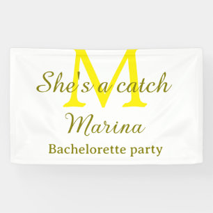 Zij is een vangst gele monogram vrijgezellenfeest spandoek