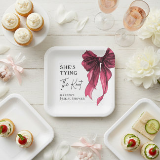 Zij Knoopt De Knoop Rode Boog Bruidsfeest Papieren Bordje