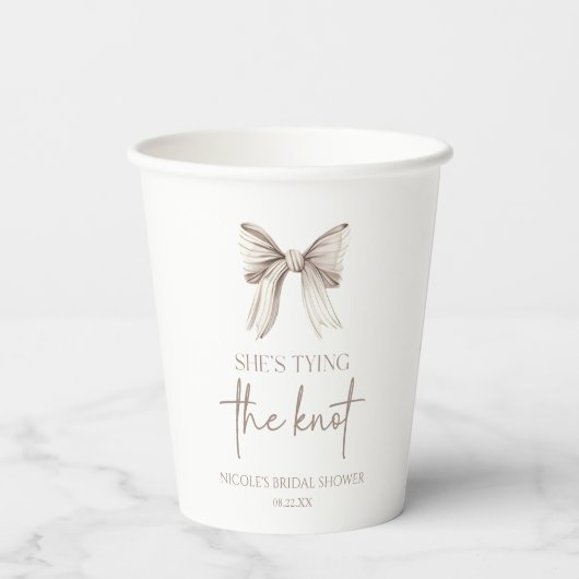Zij Knoopt De Knoop Witte Strik Bruidsdouche Papieren Bekers (Achterkant)