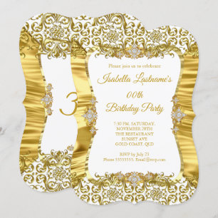 Zijde Damask Gold White Diamond Birthday Party Kaart