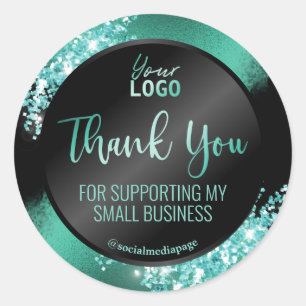 Zijdeachtig zwart Blauwgroen glitter dank u Logo Ronde Sticker