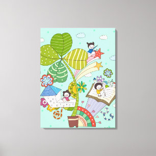 Zijdelings uitzicht van kinderen die studeren op p canvas afdruk