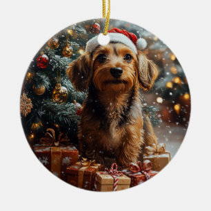 Zijden Draadharige Dachshund Kerstmis Keramisch Ornament