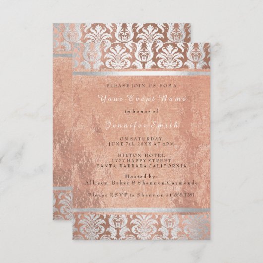 Zijden Roze Goud Koper Zilveren Damast Bruids 16e Kaart (Voorkant / Achterkant)