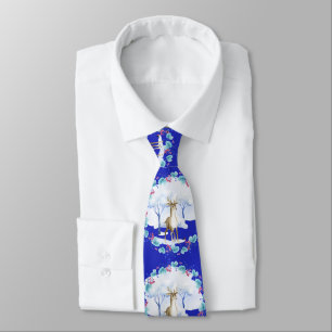 Zijden stropdas met een hert in blauw en wit