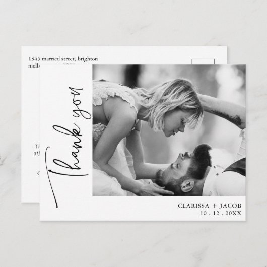 Zijfoto Zwart Script Dank u bruiloft Briefkaart (Voorkant / Achterkant)