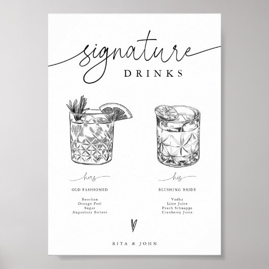 Zijn en haar Bar Signature Drink Trouwbord Poster (Voorkant)