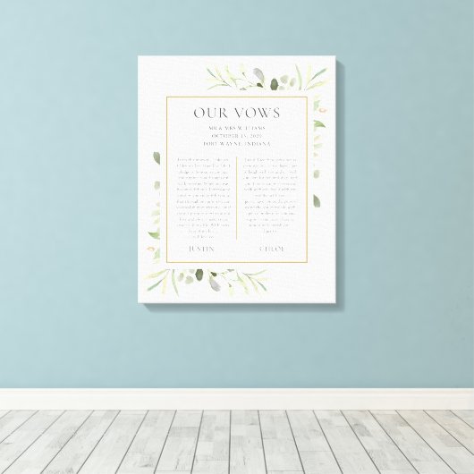 Zijn en haar bruiloft Vows Greenery Foliage Canvas (Insitu (Houten vloer))