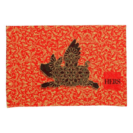 Zijn en haar Chinese varken vliegen silhouet rood Kussensloop (Voorkant-Rechts)