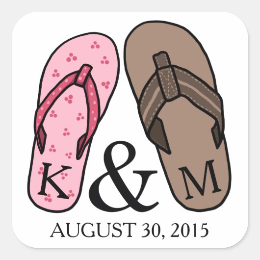Zijn en Hers Monogrammed Wedding Teenslippers Vierkante Sticker (Voorkant)