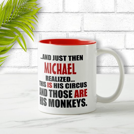(Zijn) Funny Personalized Circus Monkeys Tweekleurige Koffiemok
