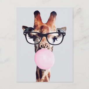 Zijn giraffe met een bril die roze bubbelgom blaas briefkaart
