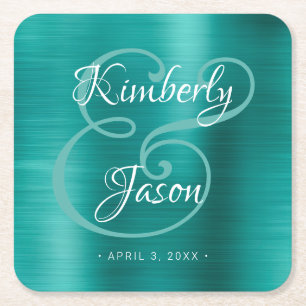 Zijn/haar Manuscript Namen, borstelde Groene Metal Vierkante Kartonnen Onderzetter