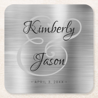 Zijn/haar scriptnamen, geborsteld zilveren bruilof vierkante kartonnen onderzetter