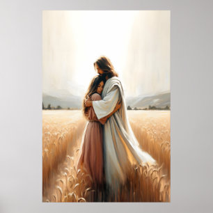 Zijn liefdevolle omhelzing Jezus knuffelt vrouw ge Poster