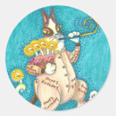 ZIJN N' FITZ KAT IN VERJAARDAGSPAK, TAART & KAARSE RONDE STICKER (Voorkant)