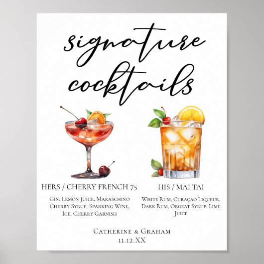 Zijn zomer bruiloft handtekening cocktails menu poster (Voorkant)