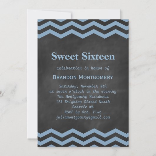 Zijne Chalkboard & Blue Chevron Sweet 16 Uitnodigi Kaart (Voorkant)