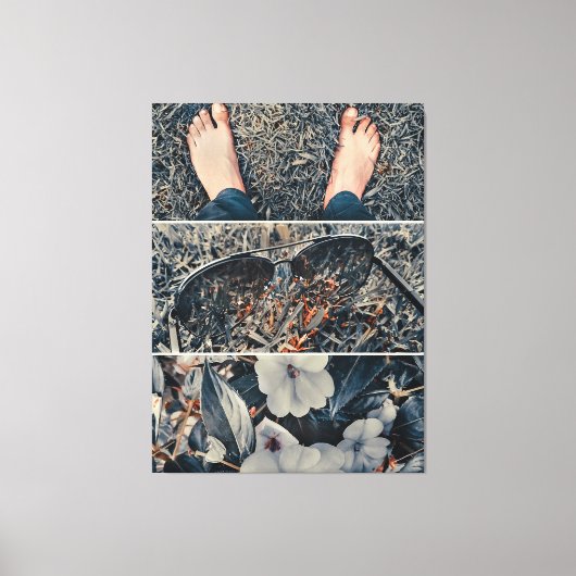 Zijpoten, zonnebrillen en bloemen op gras canvas afdruk (Voorkant)