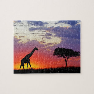 Zilhouette van giraffe bij zonsopgang, Giraffa Legpuzzel