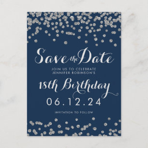 Zilver 18e Verjaardag Save Datum Confetti Navy Blu Aankondigingskaart