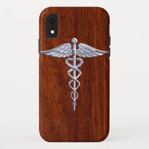Zilver als Caduceus Medical Symbol Mahogany Print iPhone XR Hoesje
