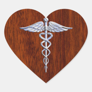 Zilver als Caduceus Medical Symbol Mahogany Print Hart Sticker