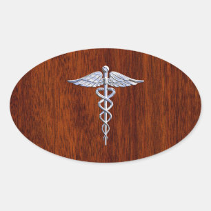 Zilver als Caduceus Medical Symbol Mahogany Print Ovale Sticker
