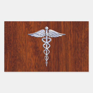 Zilver als Caduceus Medical Symbol Mahogany Print Rechthoekige Sticker