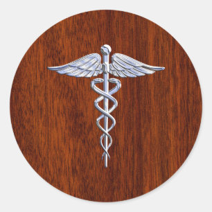 Zilver als Caduceus Medical Symbol Mahogany Print Ronde Sticker