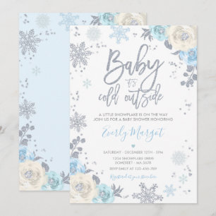 Zilver & Blauw Bloemen Winter Baby shower Sneeuwvl Kaart