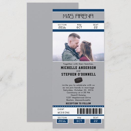 Zilver Blauw Hockey Ticket Wedding Kaart (Voorkant / Achterkant)
